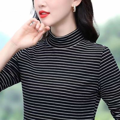 女士条纹半高领薄绒打底
