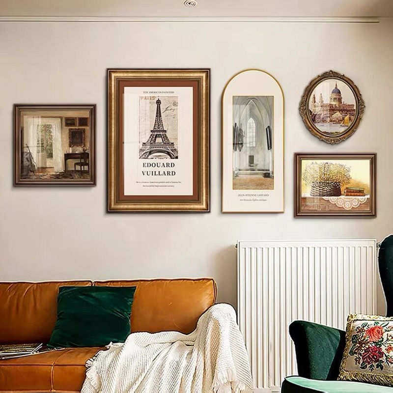 复古客厅装饰画美式沙发背景墙挂画轻奢法式怀旧建筑组合壁画欧式图片