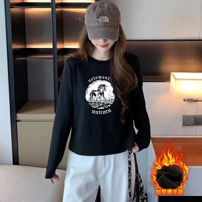 纯棉正肩长袖t恤女黑色内搭美式慵懒chic卫衣早秋薄款单穿上衣女