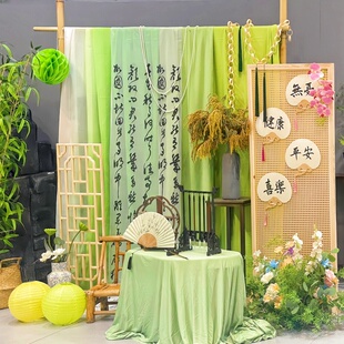新中式绿色背景布幔书法纱国风幼儿园开学古风环创中秋节场景布置