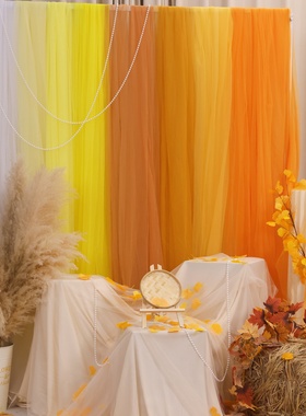 秋季橘色黄色纱幔氛围感网纱幼儿园环创秋收装饰婚礼场景布置软纱