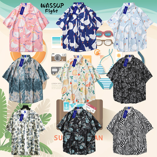 嘻哈沙滩外套 衬衣男百搭宽松情侣花衬衫 夏季 潮牌ins复古痞帅短袖