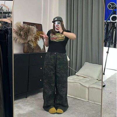 胖mm大码美式复古迷彩工装裤潮牌vibe高街宽松休闲阔腿牛仔裤546