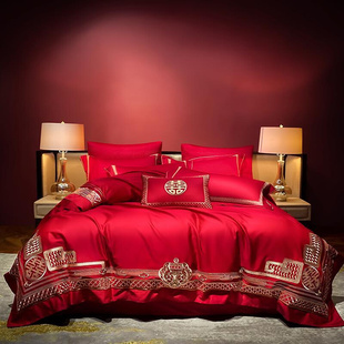 新中式 婚庆100支长绒棉结婚四件套大红新婚刺绣喜字被套床上用品