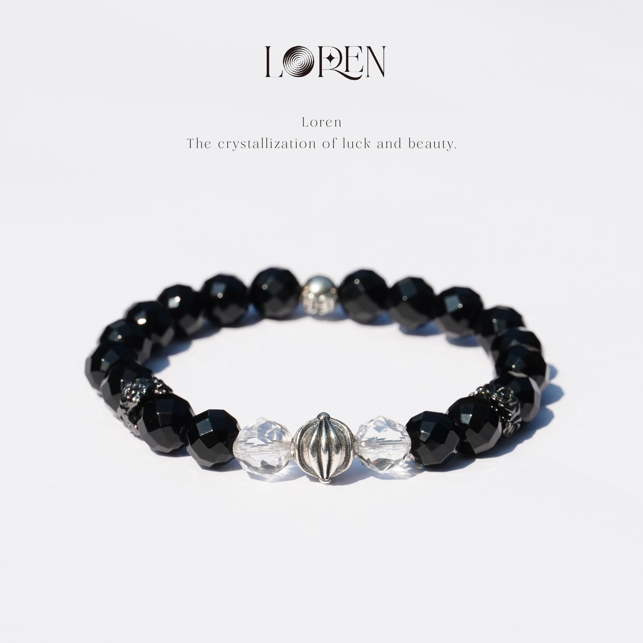 LOREN EYE 黑玛瑙手串黑武士概念男士白水晶高级礼物