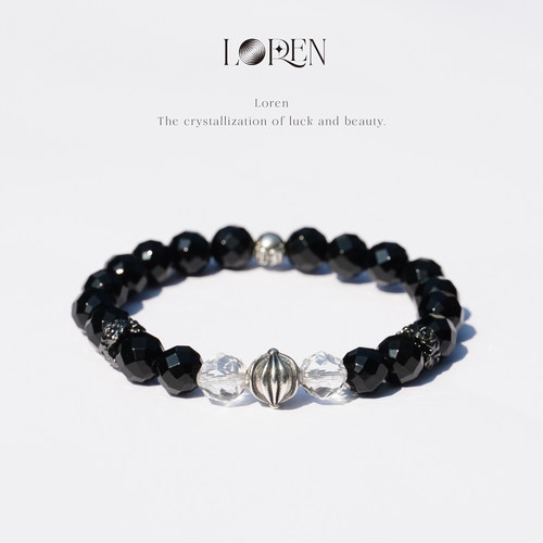 LOREN EYE 黑玛瑙手串黑武士概念男士白水晶高级礼物
