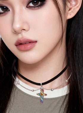 原创设计小众项链皮质颈圈水晶