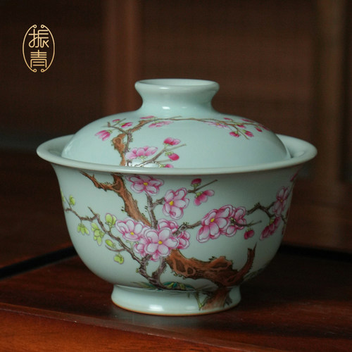 粉彩汝窑盖碗单个泡茶碗高端茶具景德镇纯手工青瓷礼品瓷器礼盒装