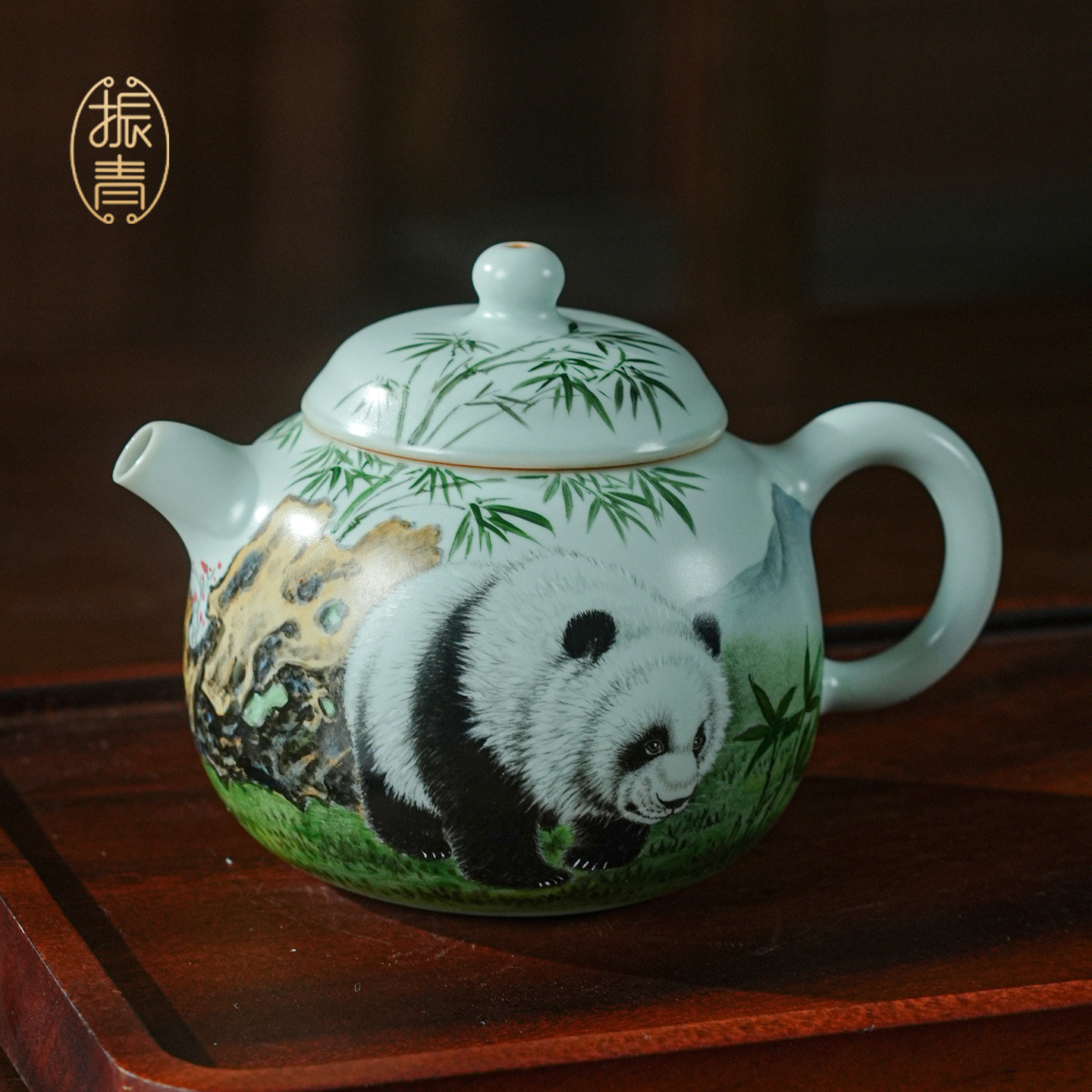 汝窑手绘熊猫茶壶单壶陶瓷景德镇重工釉上彩高端汝瓷茶具礼盒装