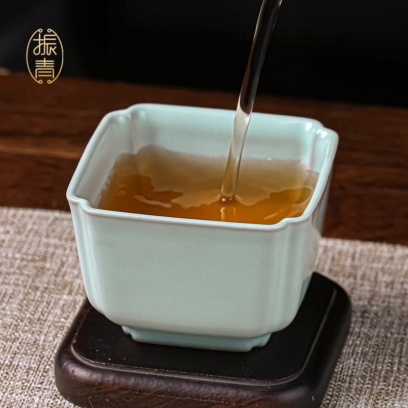 汝窑主人杯单杯四方杯高档茶杯品茗杯开 片青瓷茶盏景德镇手工茶