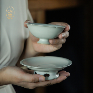 汝窑功夫茶具葵口主人杯杯盏茶碗陶瓷茶杯套盏宋瓷高档送礼送长辈