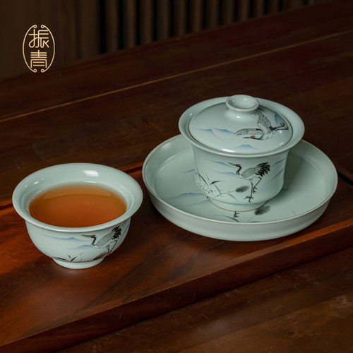 景德镇汝瓷手绘盖碗茶杯汝窑茶具套装高端纯手工绘画礼盒装送长辈