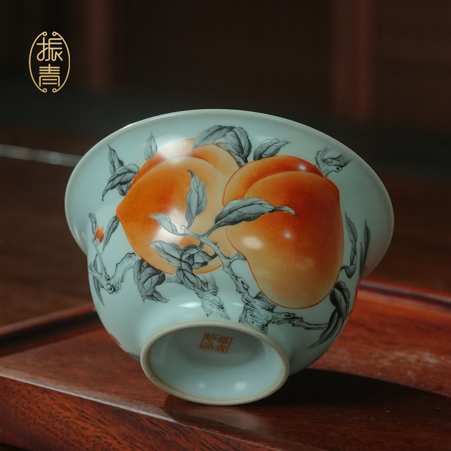 全手工汝窑手绘三桃压手杯主人杯寿桃纹杯高档茶杯景德镇陶瓷礼品