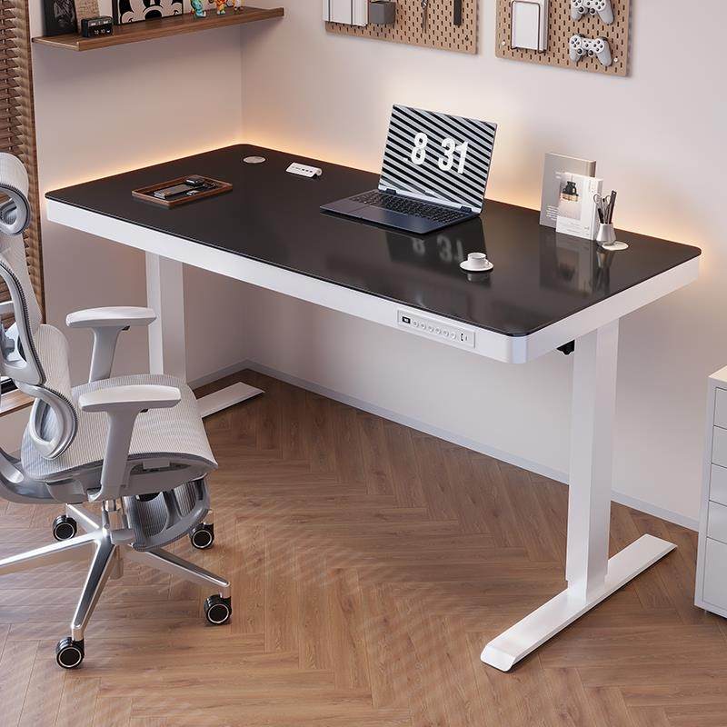 玻璃款电动升降桌实木电脑桌可升降电竞桌子家用学习办公书桌桌面