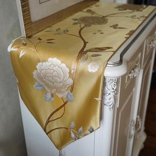 桌旗轻奢电视柜现代简约新中式床尾巾金茶花刺绣客厅茶几桌布定制