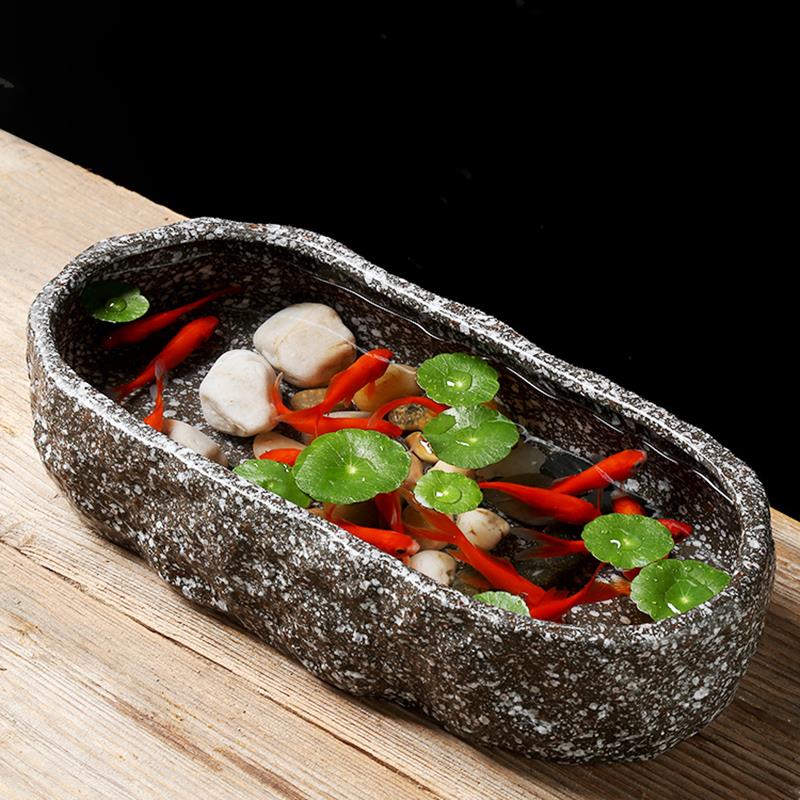 小型装饰彷石头鱼缸古法养鱼缸生态造景碗莲陶瓷盆家用阳台小鱼池