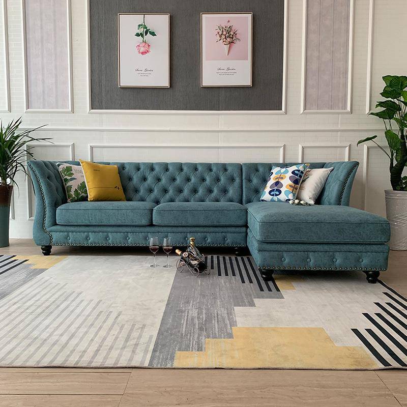 美式乡村田园风格家具科技布拉扣铆钉l型L形转角贵妃位布艺沙发