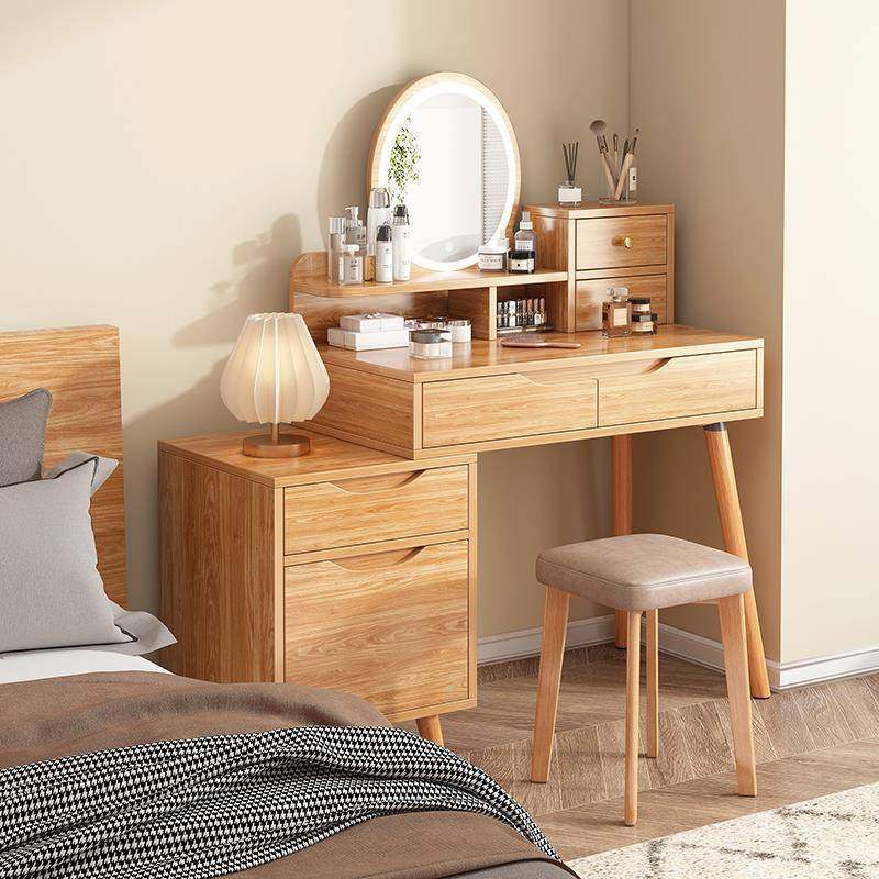 梳妆台卧室简约现代轻奢小户型主卧原木风化妆台床头柜书桌化峰稍