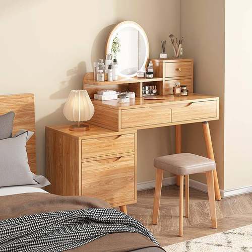 梳妆台卧室简约现代轻奢小户型主卧原木风化妆台床头柜书桌化峰稍