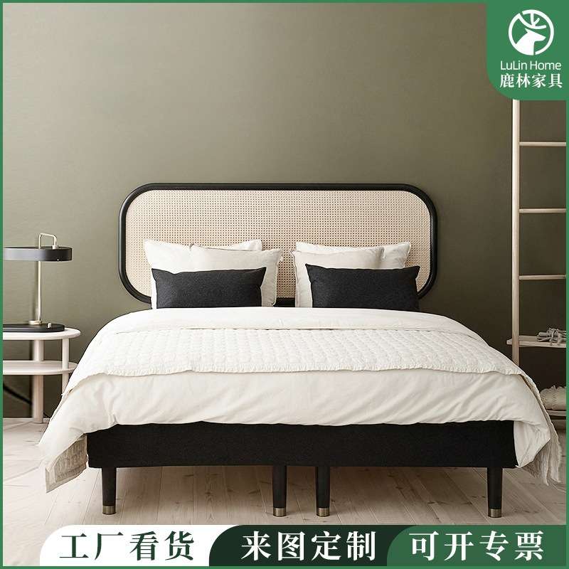 北欧实木藤床双人现代简约卧室1.5 1.8米布艺可拆洗白蜡木主卧床