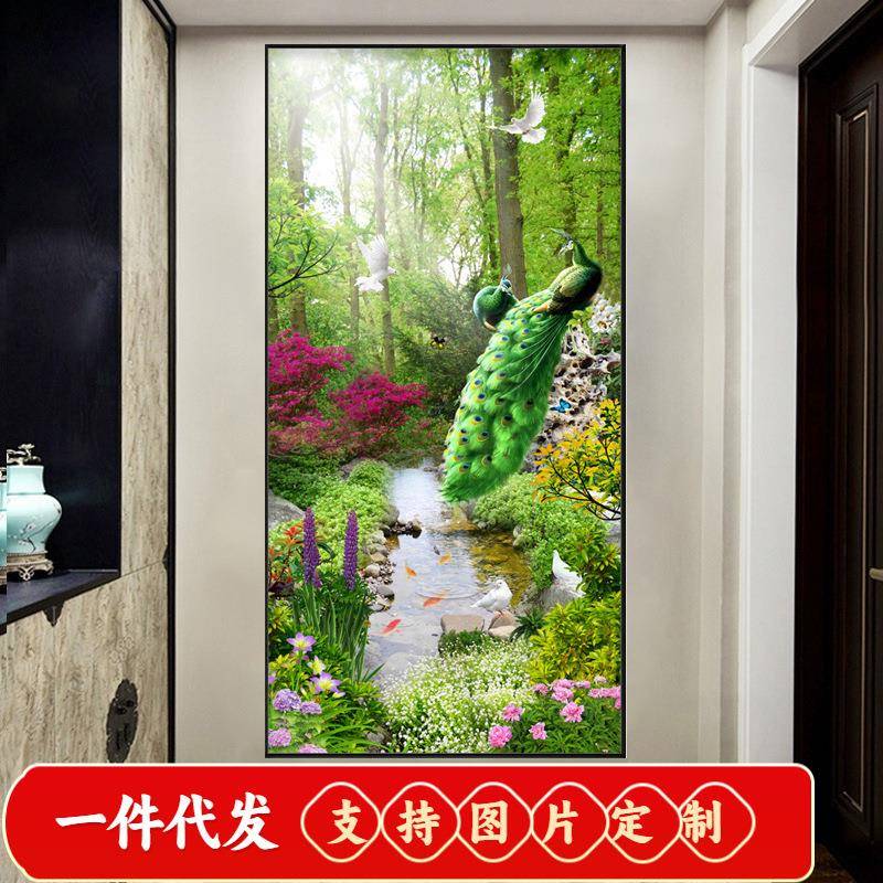 钻石画2020新款客厅玄关竖版孔雀点贴钻十字绣钻石绣5d满钻风景画