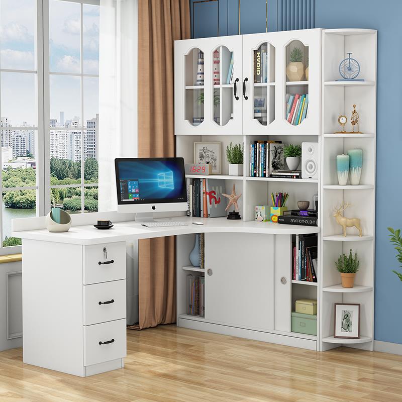 IL简约实木电脑台式桌家用转角书桌书架一体卧室学生写字桌书柜组