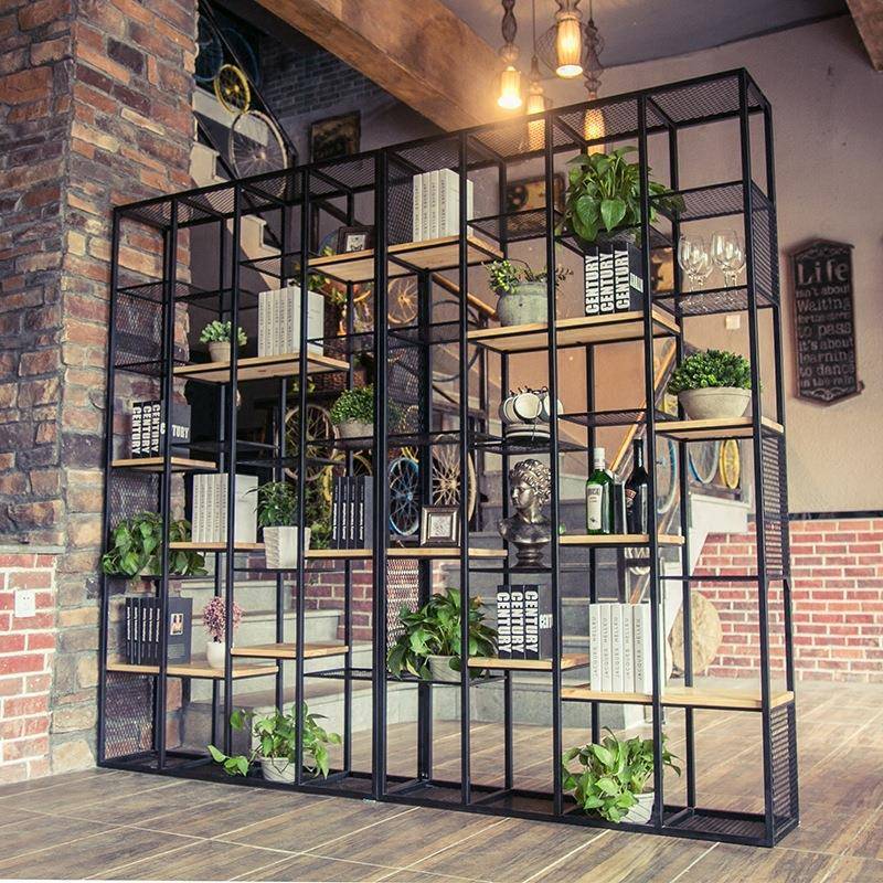 loft复古博古书架铁艺隔断架子置物架工业风隔板实木搁板层架落地