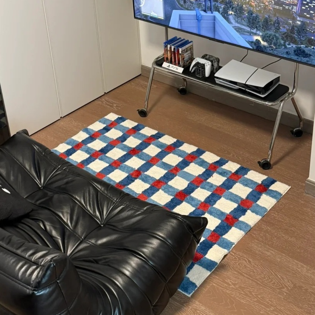 复古ins风海蓝格纹植绒地毯