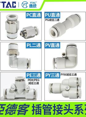 亚德客快速PU4接头PV气动6三通PE8PY10/12螺纹直通PC802弯头PL601