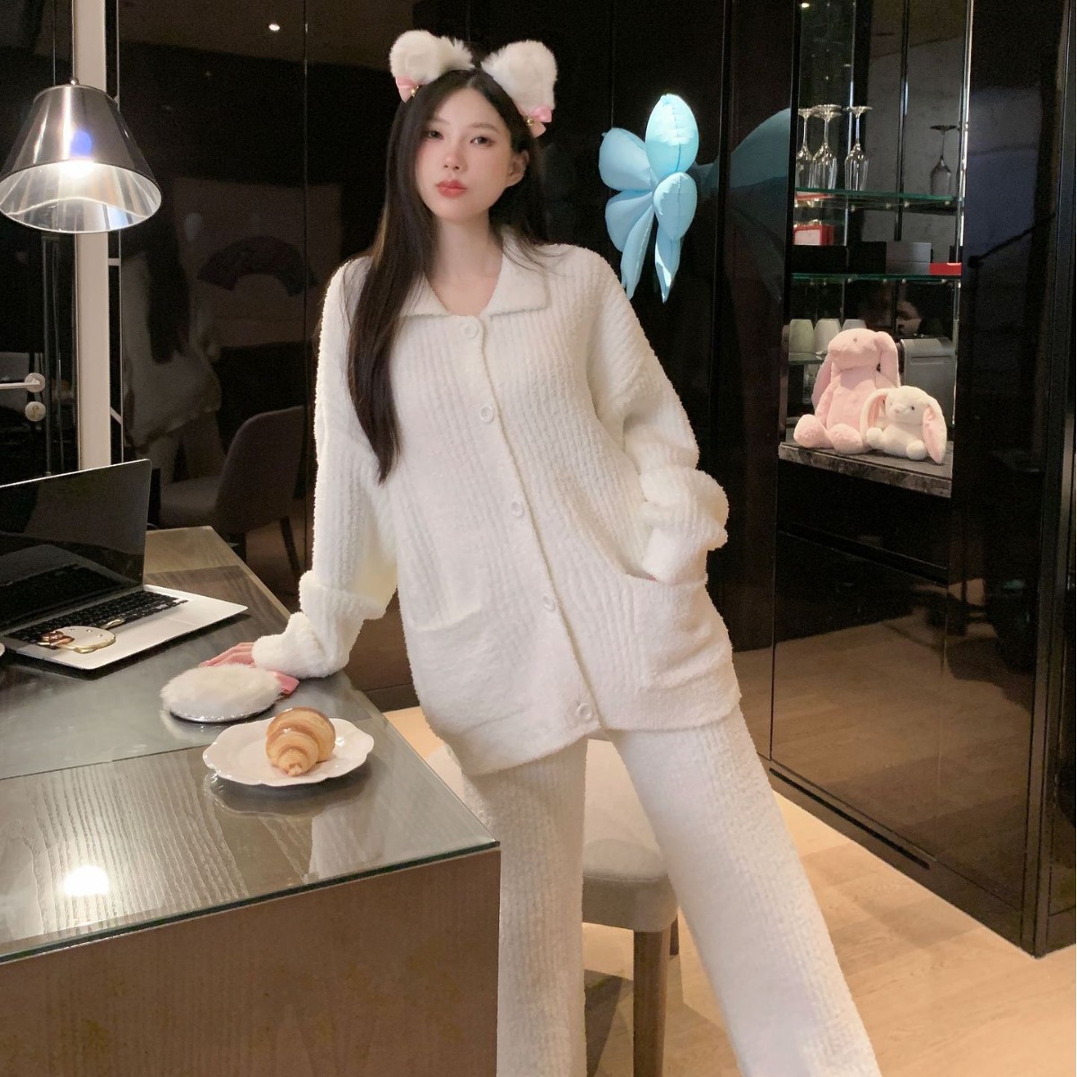 冬季半边绒翻领开衫加厚保暖家居服纯色新款温柔软绵绵睡衣女