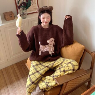 卡通小狗睡衣半边绒撞色可爱睡衣宽松圆领软糯加厚慵懒风女家居服