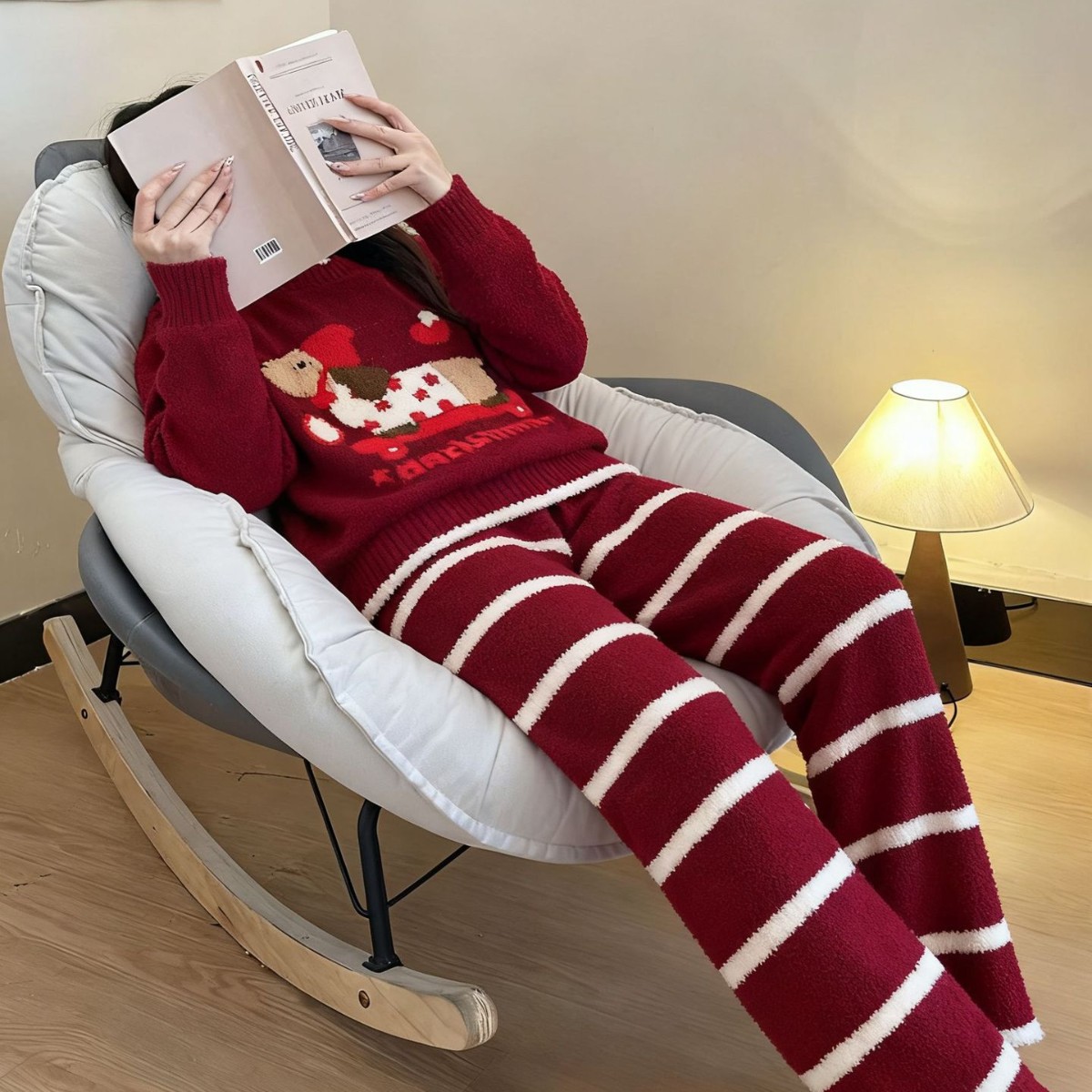 新年红卡通小熊甜美可爱睡衣宽松外穿圆领套头软糯加厚女家居服