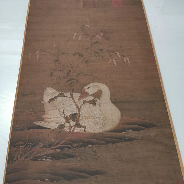 宋徽宗赵佶红蓼白鹅图复古书画国画真迹微喷仿古复制装裱挂轴装饰