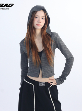 大佬街舞潮牌灰条纹连帽开衫女辣妹复古修身早秋长袖短外套25143