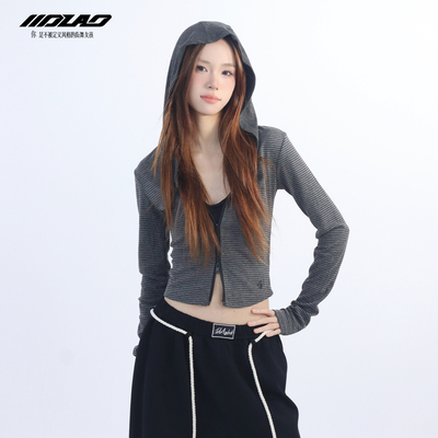 美式复古灰色条纹连帽短外套