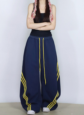 大佬街舞潮牌弯刀裤卫裤男女夏季阔腿显瘦三条杠拼接休闲裤6606