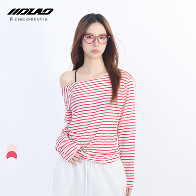 爵士微透辣妹条纹斜肩长袖上衣