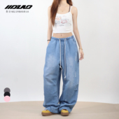 大佬街舞潮牌原创破洞宽松牛仔裤 显瘦直筒松紧hiphop嘻哈百搭9827