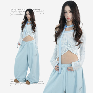 大佬街舞潮牌jazz条纹扭结微透上衣天丝罩衫辣妹短修身显瘦26269