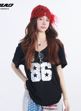 大佬街舞潮牌美式甜酷辣妹斜肩T恤女新款印花一字肩显瘦上衣25165