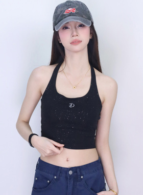 大佬街舞潮牌闪粉挂脖背心运动吊带辣妹无袖绑带上衣显瘦百搭9598