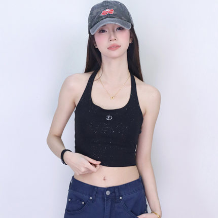 大佬街舞潮牌闪粉挂脖背心运动吊带辣妹无袖绑带上衣显瘦百搭9598