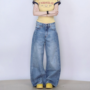 宽松直筒长裤 阔腿裤 水洗蓝9501 复古美式 大佬街舞潮牌高腰牛仔裤