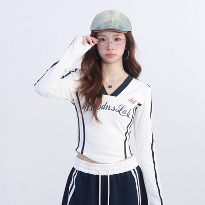 美式印花撞色V领长袖t恤