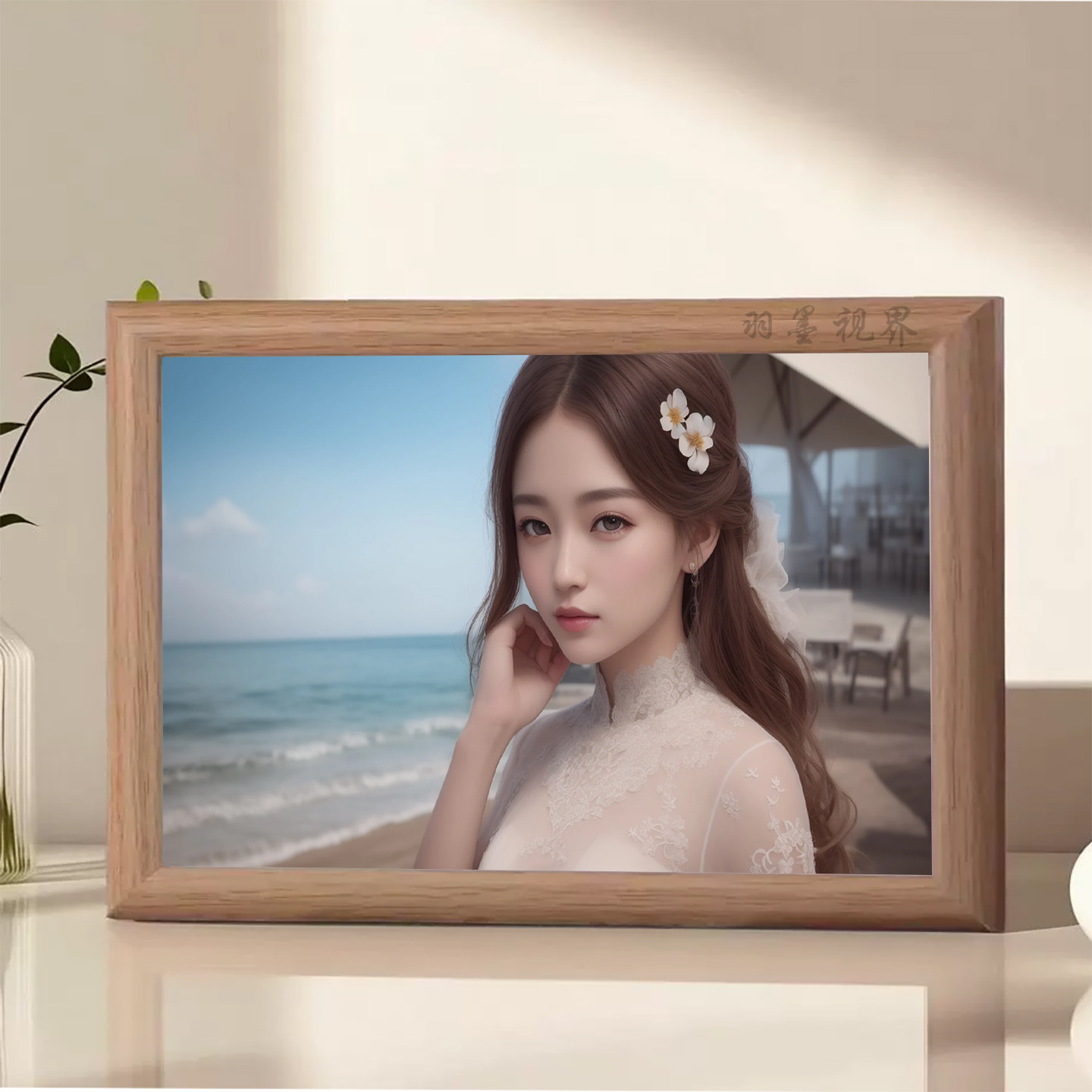 海边少女写真相框清新ins桌面