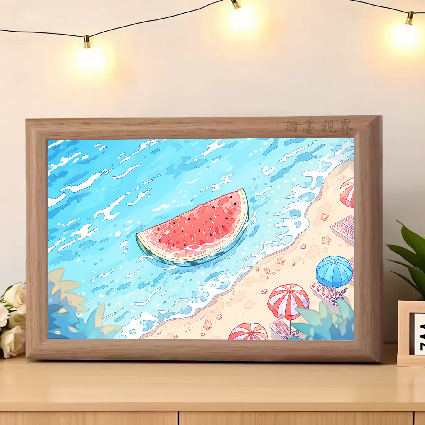 清新夏日海边西瓜手绘桌面装饰画