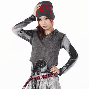 废土风连帽背心女装2025初春灰色晕染不规则个性做旧水洗无袖上衣