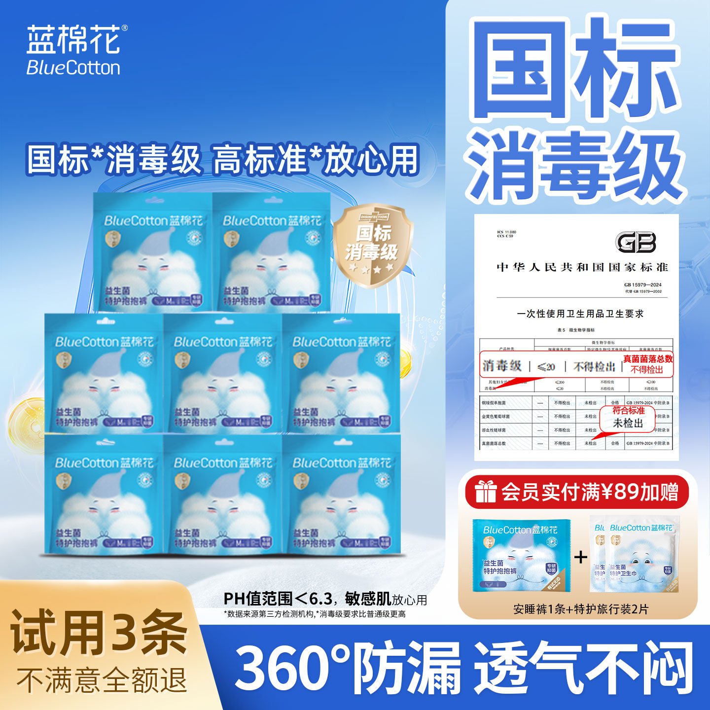 蓝棉花安睡裤消毒级安心裤女经期用防漏夜安裤拉拉裤正品防漏透气
