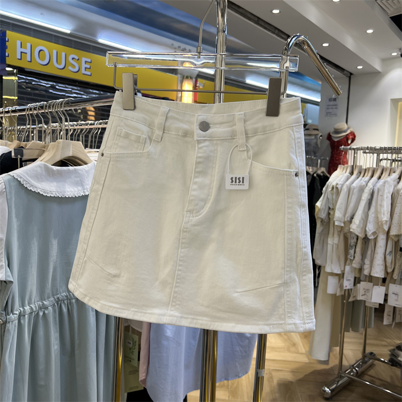 思思夏季白色弹力高腰牛仔短裙女韩版百搭A字半身裙防走光包臀裙