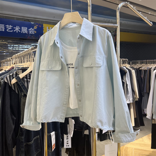 依美酷翻领假双口袋短款外套女两件套抽绳收腰衬衫百搭洗水棉上衣